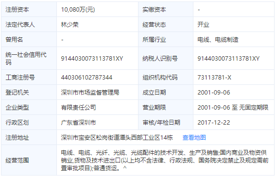 金環(huán)宇電線電纜工商信息